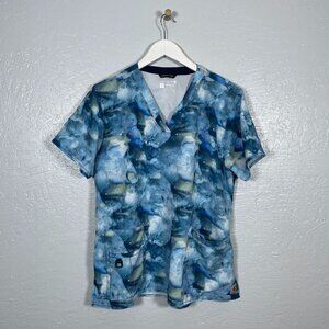 Carhartt Women L Blue Marble Scrub Top Force Cross-Flex Modern Fit V-Neck Pocket